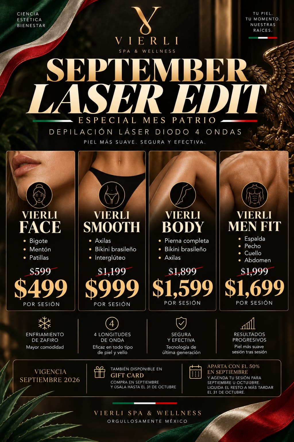 September Laser Edit: 4-wavelength diode laser hair removal - Vierli Face $499, Vierli Smooth $999, Vierli Body $1,599, Vierli Men Fit $1,699 per session