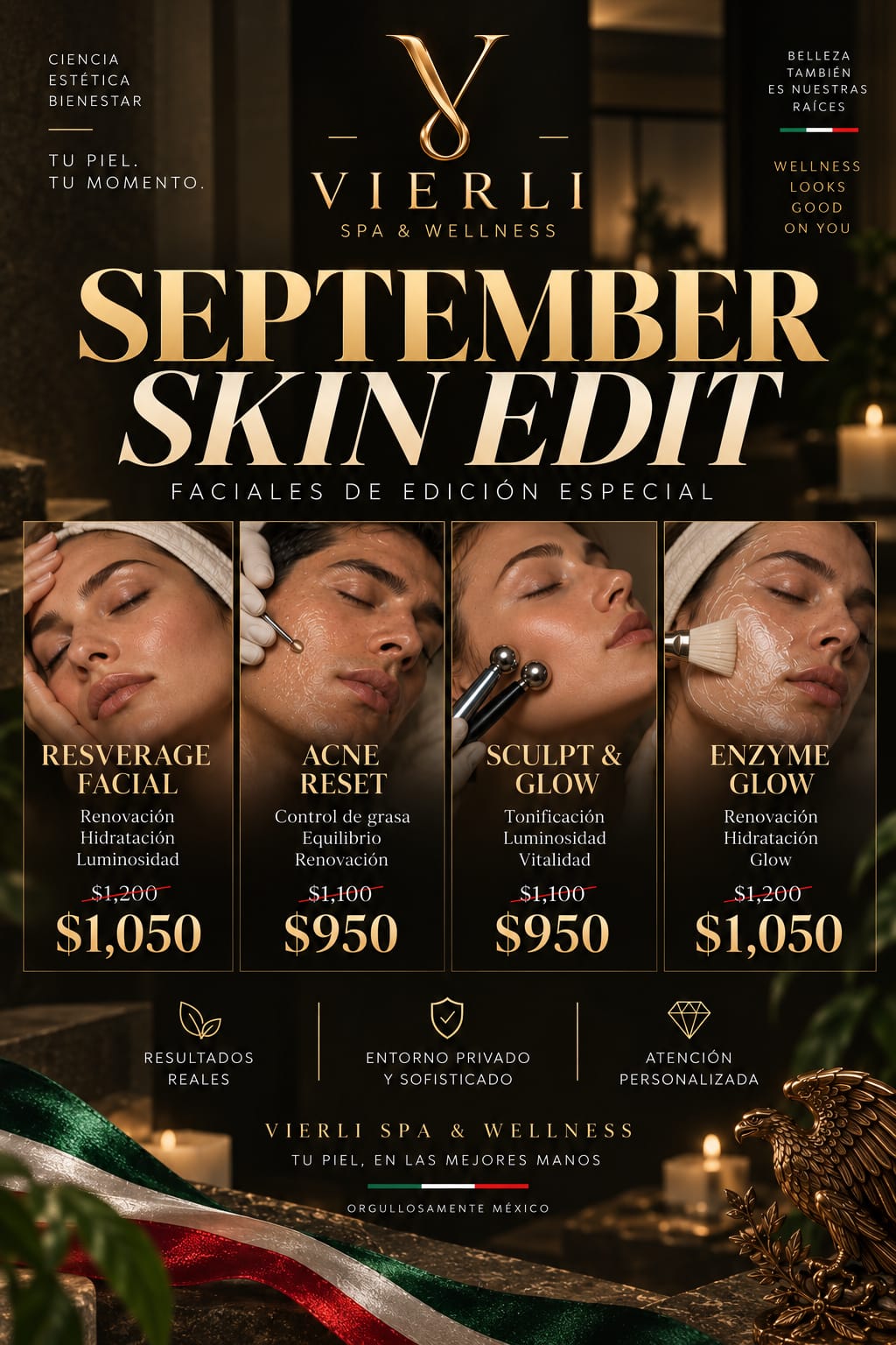 September Skin Edit: special edition facials - Resverage Facial $1,050, Acne Reset $950, Sculpt & Glow $950, Enzyme Glow $1,050